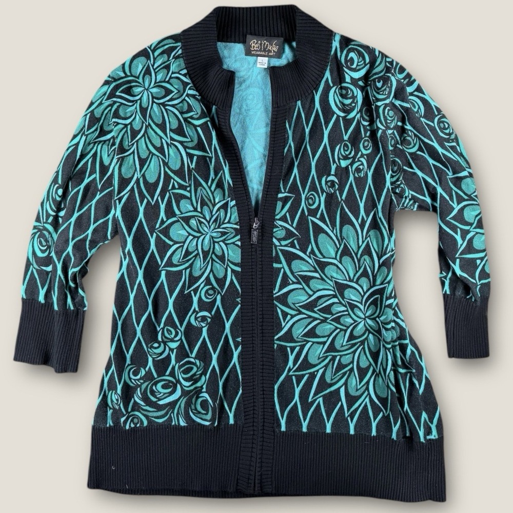 Bob Mackie Wearable Art Cardiganâ Womens Large Black Teal Floral Zip Sweater